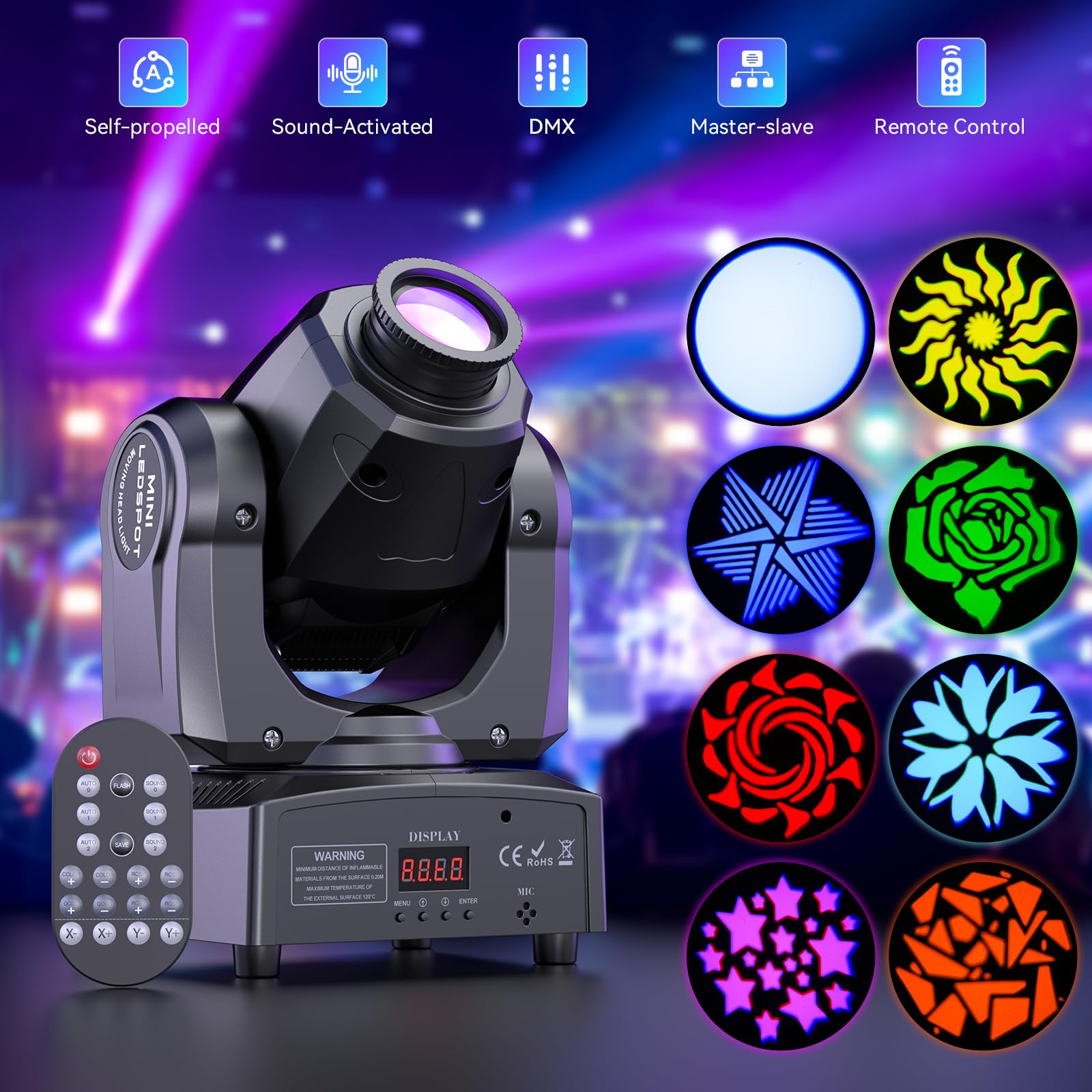 8PCS 60W LED Moving Head Light Stage Lights with Remote Control 8 GOBO 8 Pattern Spotlight by DMX Controlled 11 Channel with Sou